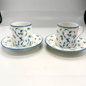 VTG 4Pc Ceralene-A. Raynaud & Co Romantic Blue Pattern Teacups & Saucers Limoges